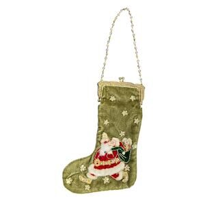 Mark Roberts Christmas Stocking Purse Green Velvet Beaded Chain